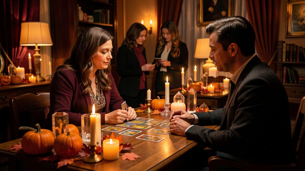 Salon de voyance chaleureux décoré pour Halloween, avec tables de tarot, bougies, cristaux et visiteurs échangeant avec des praticiens.