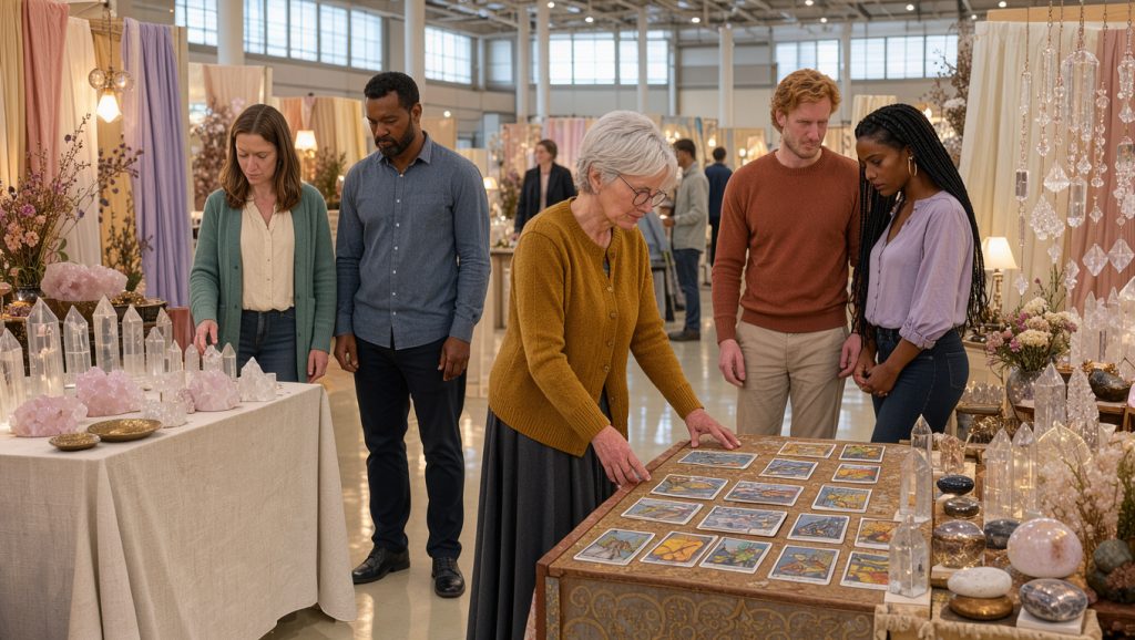 Salon ésotérique lumineux dans un parc des expositions, avec des visiteurs observant calmement des cristaux et des cartes de tarot sur des stands décorés.